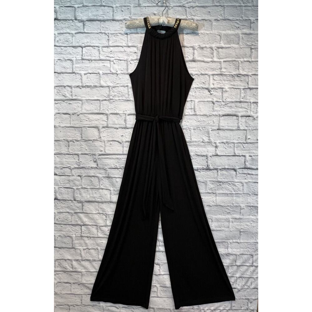Jennifer Lopez Jumpsuit Black Halter Wide Leg Gold Chain Bling Sz S A592